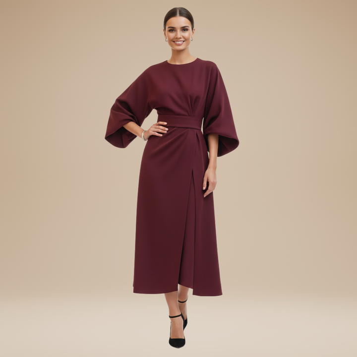 Women's Belted Wrap Midi Dress – Wide Flowing Sleeves Draped Waist
