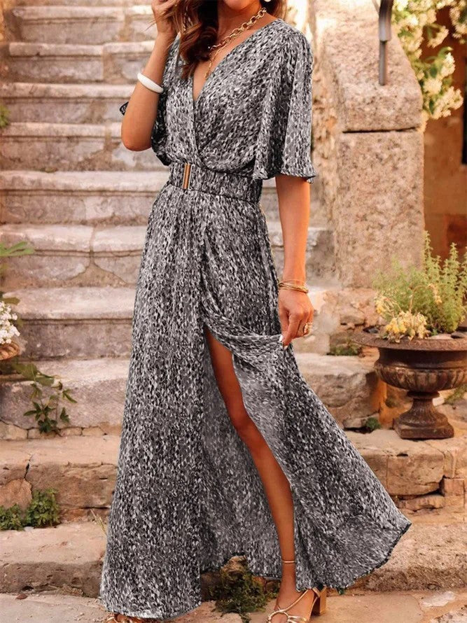Printed Wrap Maxi Dress – Flutter Sleeve & Split Hem
