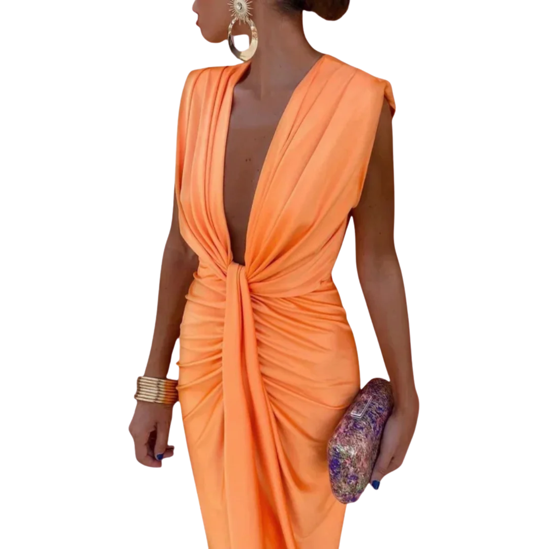 Ruched Midi Dress – Women's V-Neck Draped Evening Gown
