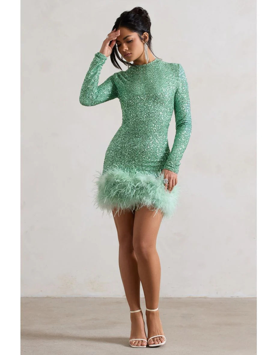 Women's Feather Hem Mini Dress High Neck – Long Sleeve Bodycon Evening