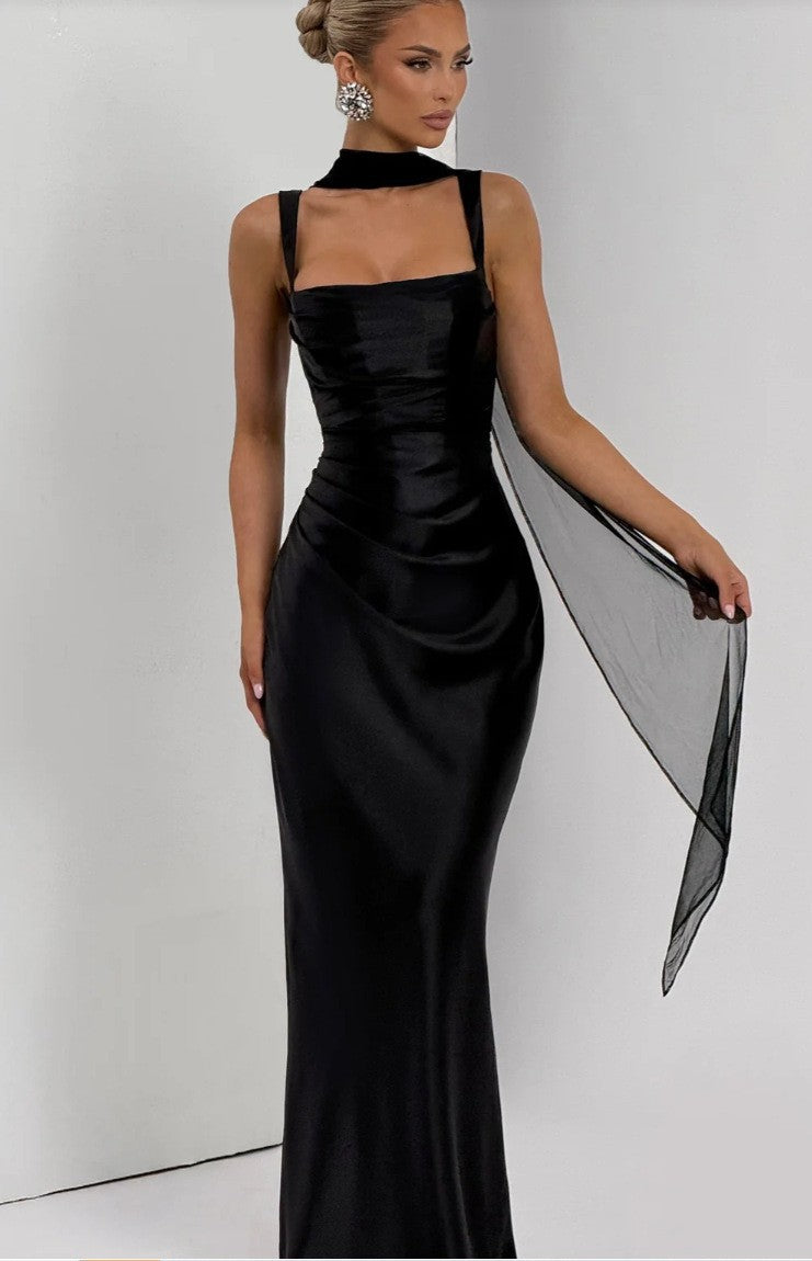 Satin Maxi Dress – Draped Waist Elegant Fit for Women