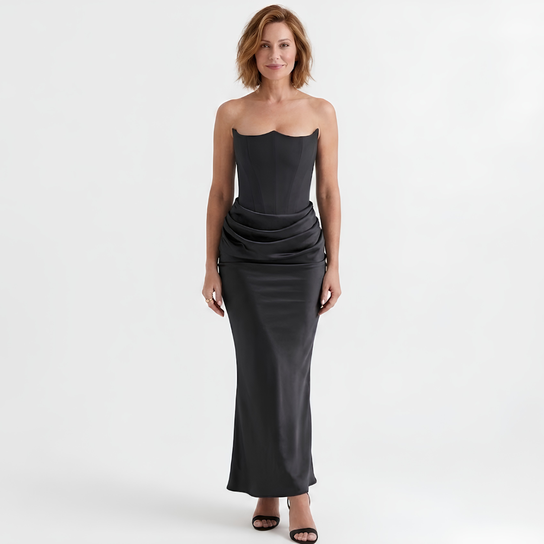 Maxi Bodycon Dress Strapless Bustier – Strategic Ruching Ankle Gown