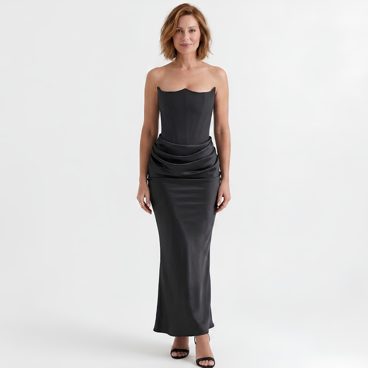 Maxi Bodycon Dress Strapless Bustier – Strategic Ruching Ankle Gown