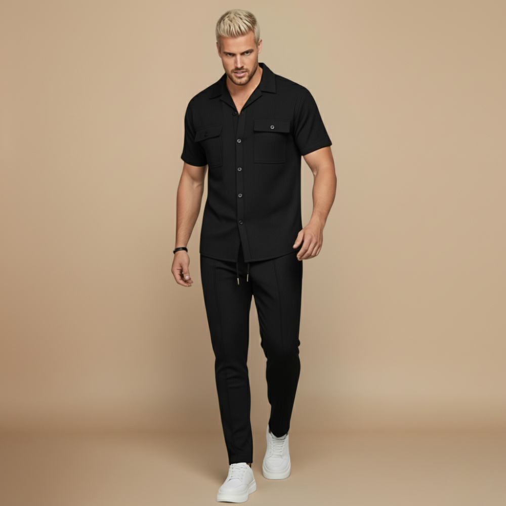 Men's Waffle-Knit Two-Piece Set – Relaxed Matching Shirt & Shorts