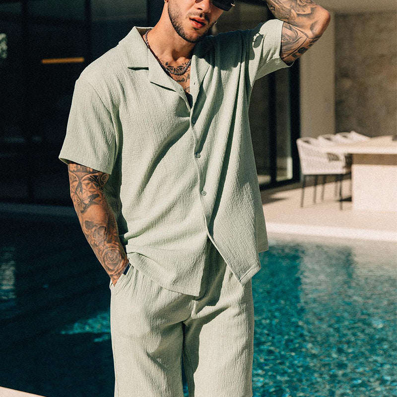 Men's Textured Short Sleeve Shirt Shorts Set – Cuban Collar Button
