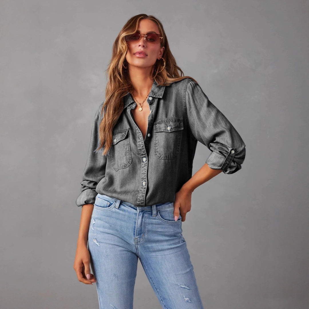 Women's Denim Shirt Relaxed Lapel Button-Down – Long-Sleeve Casual Overshirt