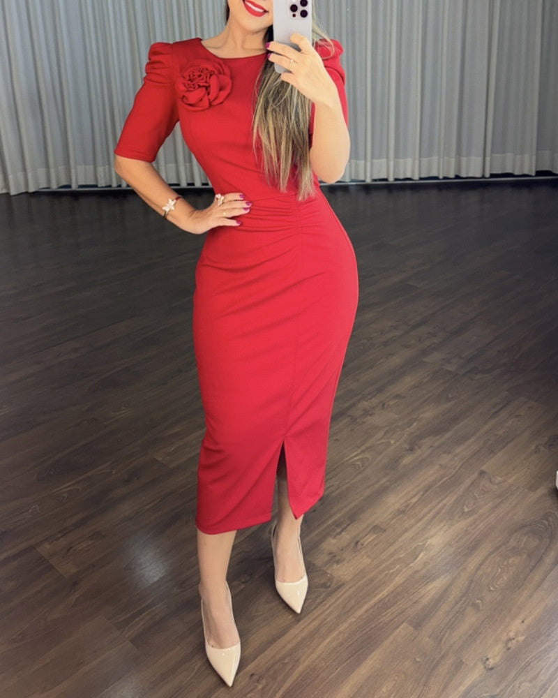 Women's Bodycon Midi Dress – Puff Sleeve Ruched Front Detail