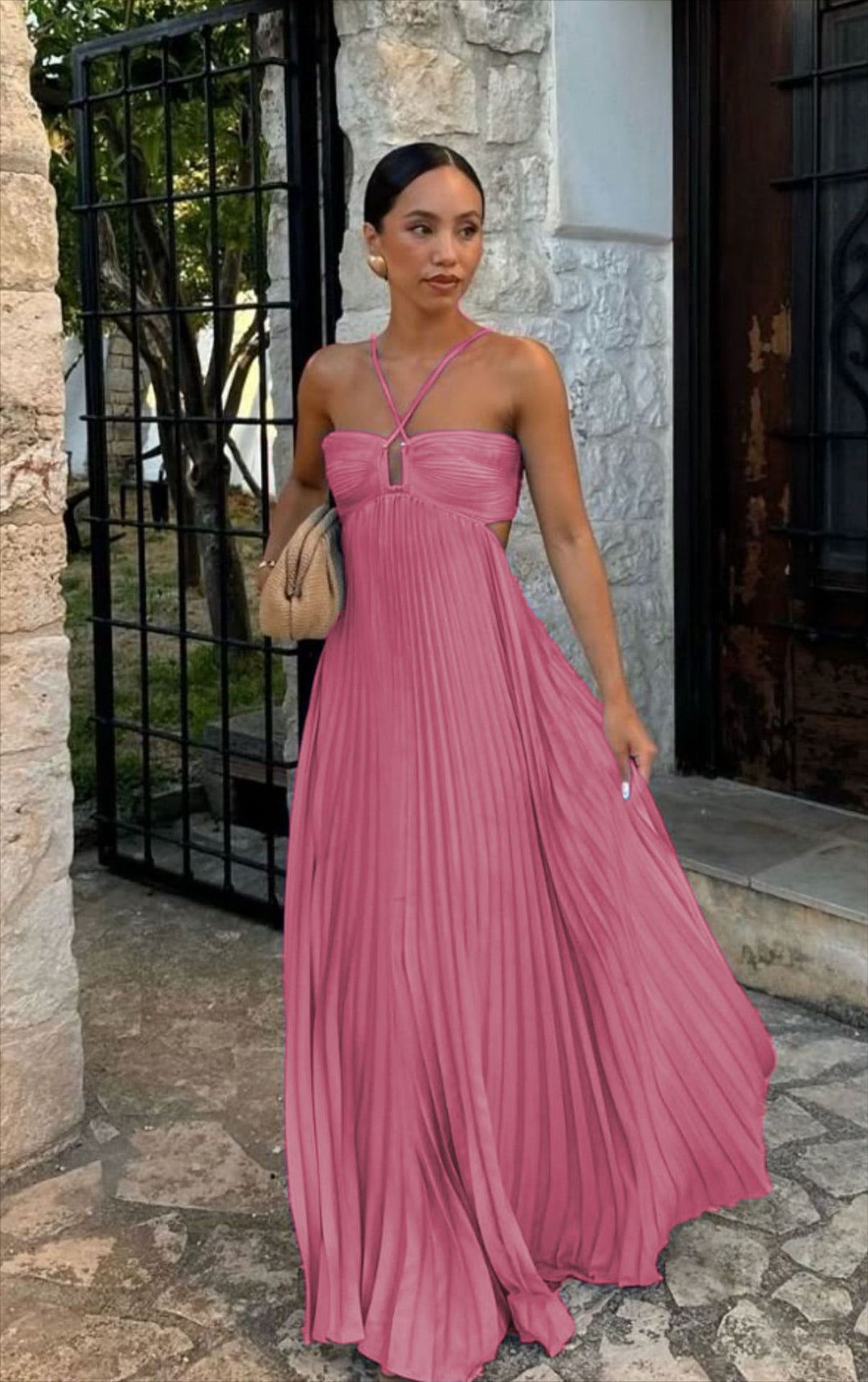 Women's Halter Backless Pleated Maxi Dress – Open Back