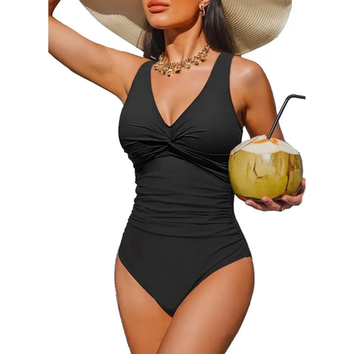 Twist-Front One-Piece Swimsuit – Ruched Waist &amp; V-Neckline
