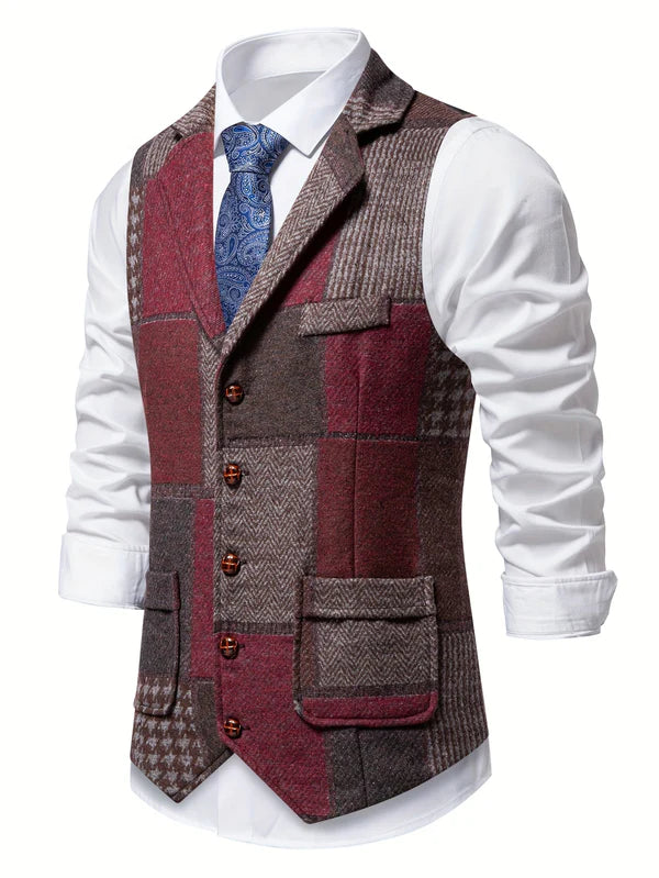 Men's Patchwork Herringbone Waistcoat – Single Breasted Woven Vest