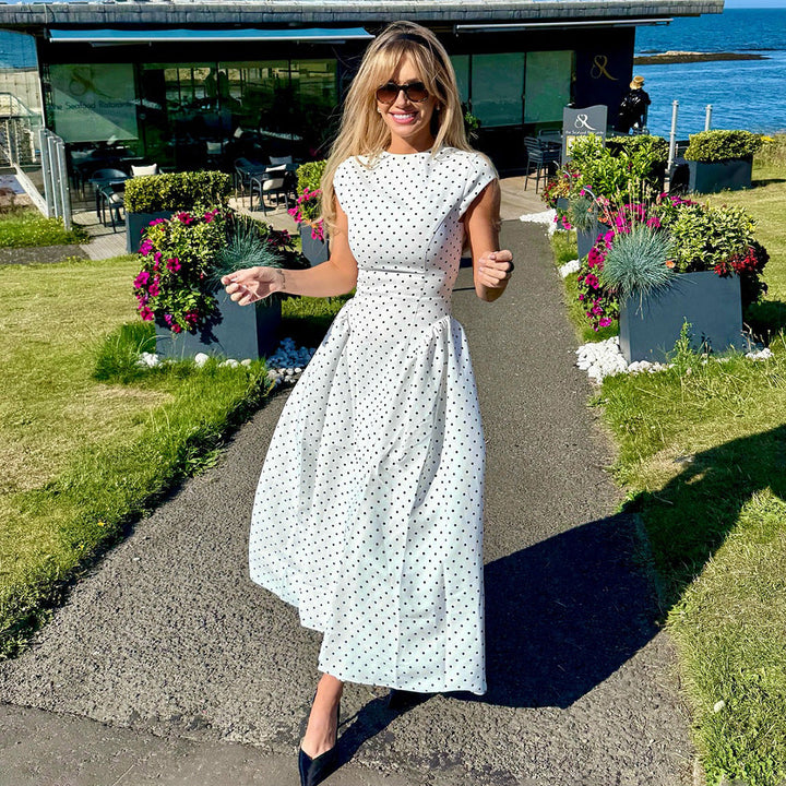 Women's Polka Dot Maxi Dress – High Neck Cap Sleeve A-Line