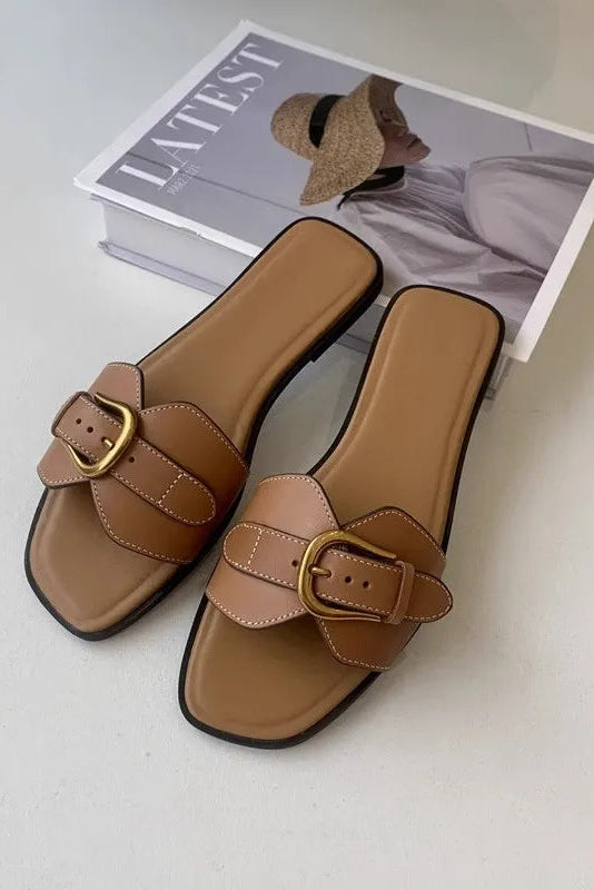 Women's Square-Toe Buckle Slides – Wide Crossover Strap