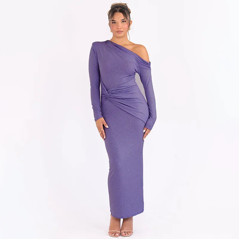 Long Sleeve Maxi Dress – Slim Fit One Shoulder Evening Gown in Stretch Fabric