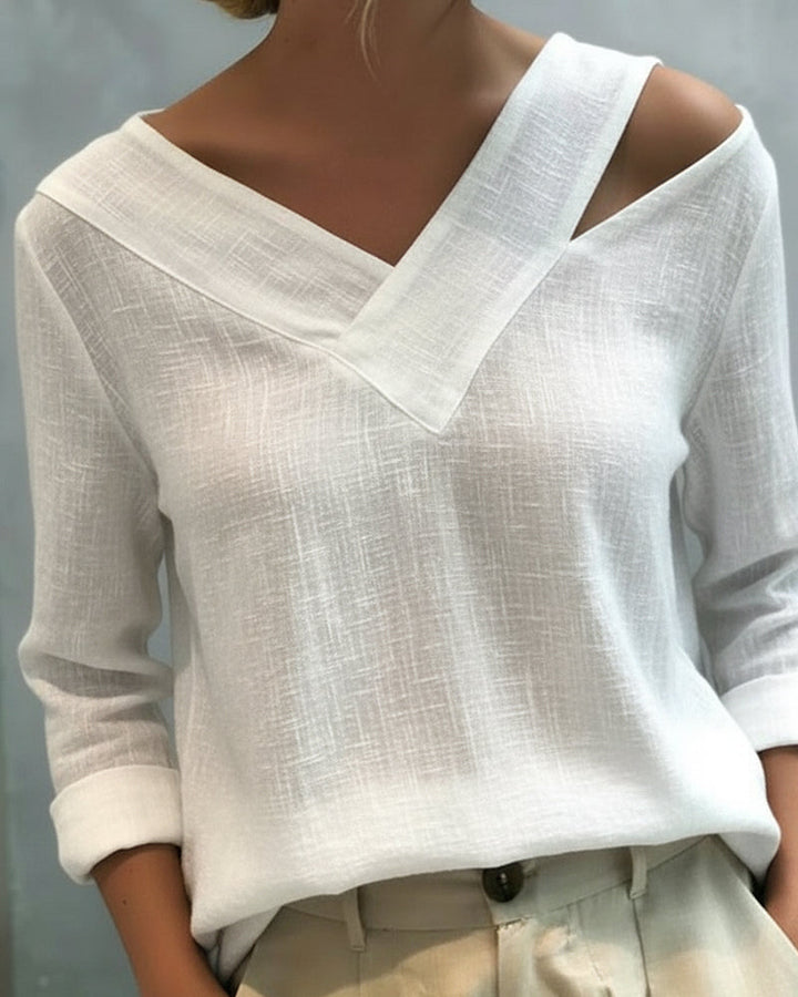 Women's Textured Long Sleeve Blouse – Asymmetric V-Neck