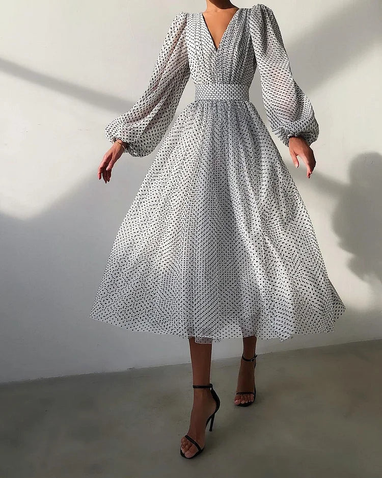 Women's Polka Dot Wrap Midi Dress – Balloon Sleeves