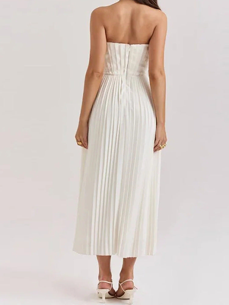 Women's Corset Bodice Strapless Midi Dress – Sweetheart Pleated Skirt