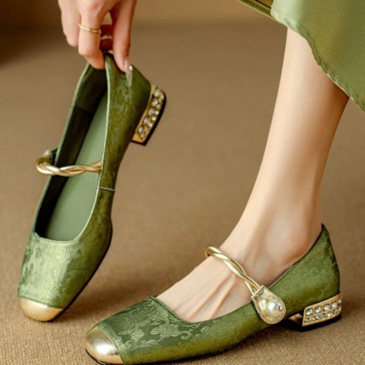 Mary Jane Pumps – Crystal Block Heel & Jacquard Upper