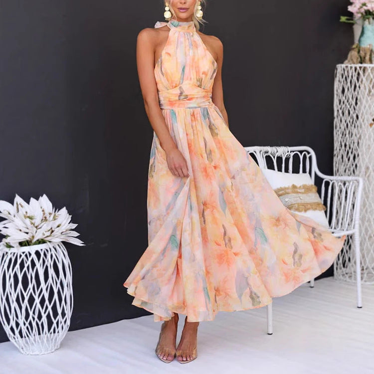 Maxi Dress Women – Watercolour Print Halter Neck & Tie Waist