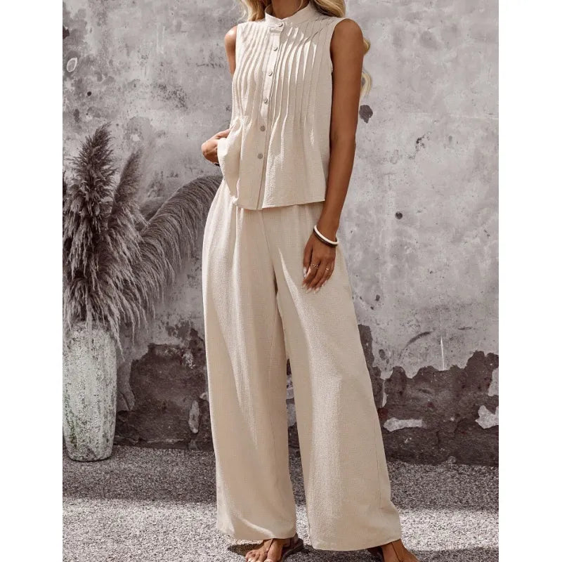 Women's Two Piece Set, Sleeveless Pintuck Top & Wide-Leg Pants