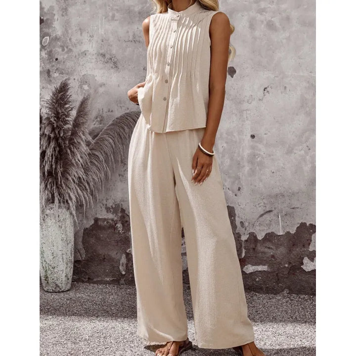 Women's Two Piece Set, Sleeveless Pintuck Top & Wide-Leg Pants