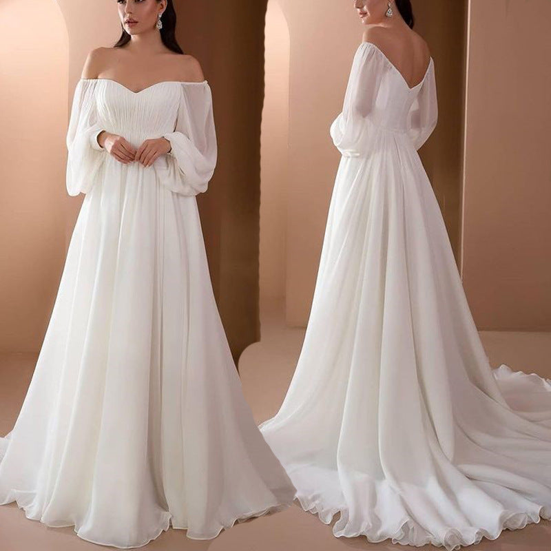 Women's Chiffon Blend Maxi Dress – Off Shoulder Puff Sleeve A-Line