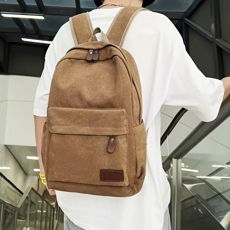 Men's Canvas Backpack with Front Pocket – Vegan Leather Patch
