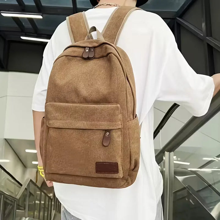 Men's Canvas Backpack with Front Pocket – Vegan Leather Patch