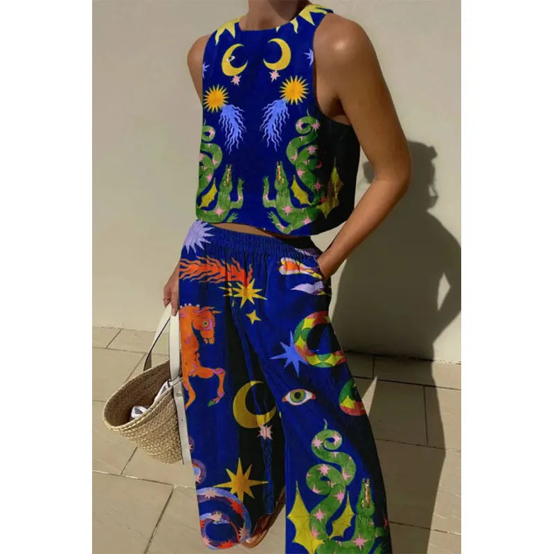 Two Piece Set Women – Cropped Top &amp; Wide Leg Pants, Elastic Waist