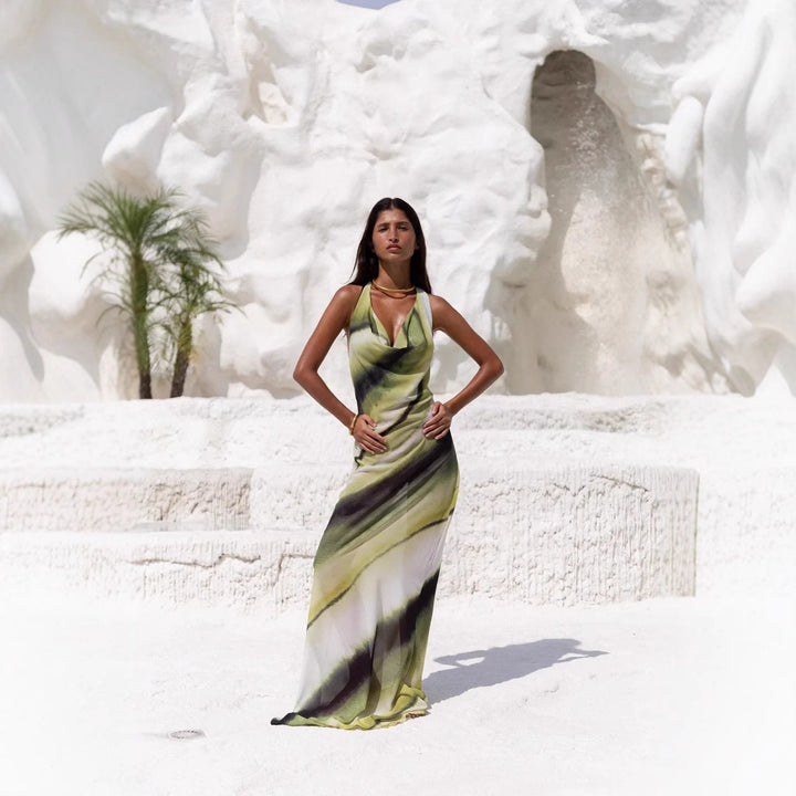 Women's Maxi Dress – Waterfall Neckline & Open Back Halter