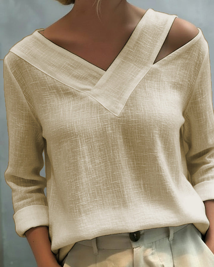 Women's Textured Long Sleeve Blouse – Asymmetric V-Neck