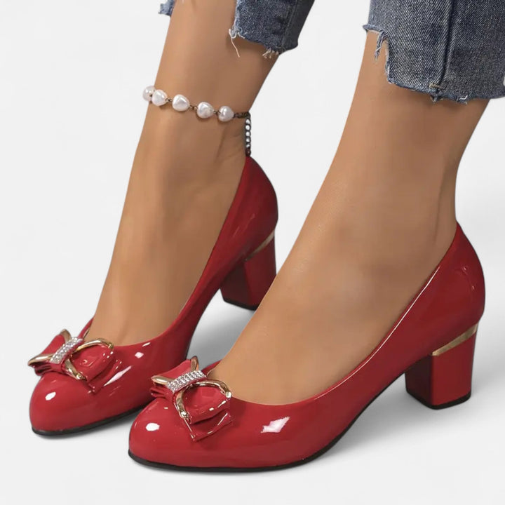 Patent Leather Block Heels – Glossy Bow Accent Round Toe
