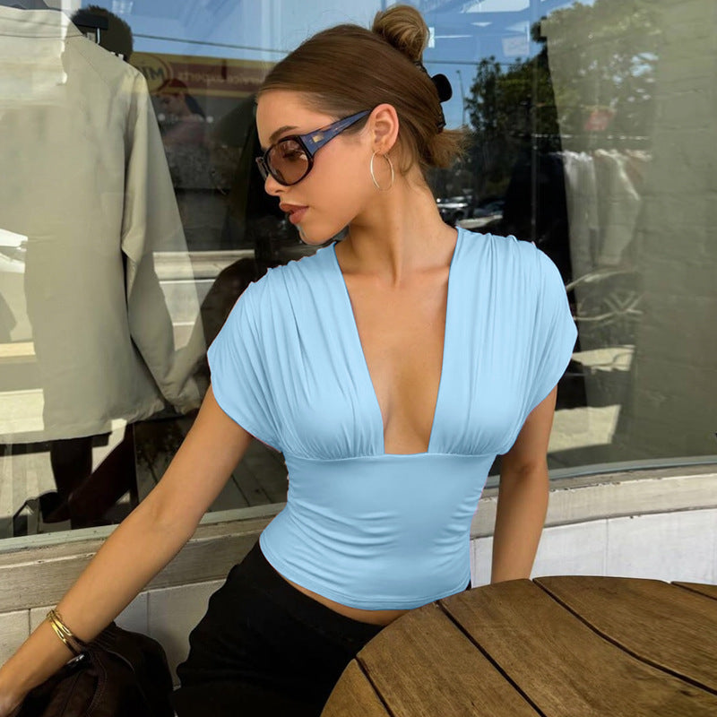 Open Back Top Women – Draped Tie Blouse Cinched Waist