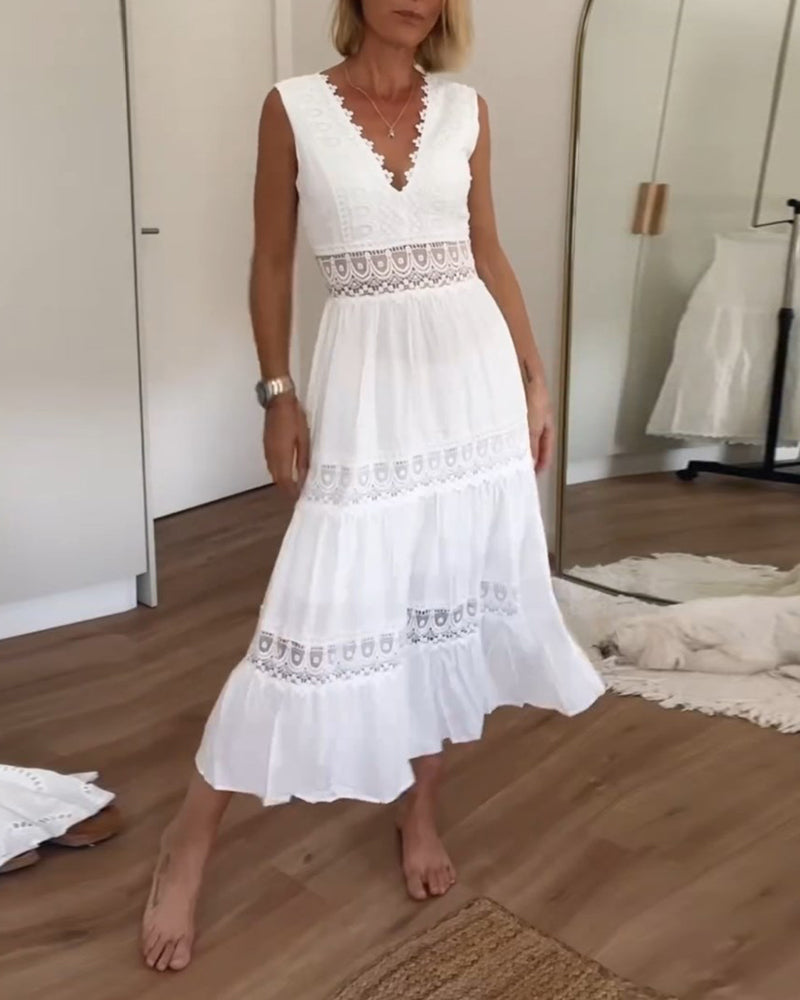 Women's Boho Sleeveless V-Neck Midi Dress – Flowing Delicate Detail
