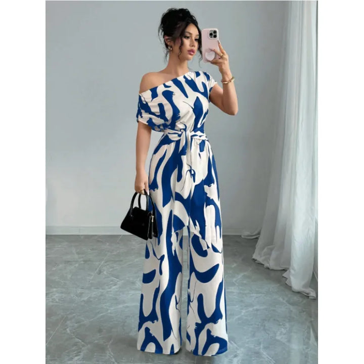 One-Shoulder Jumpsuit – Wide Leg Abstract Print for Women