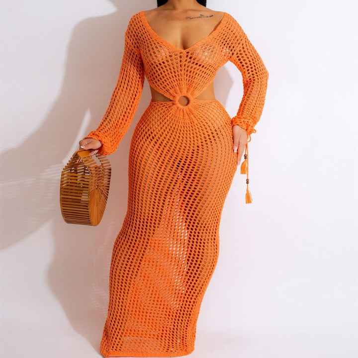 Crochet Beach Maxi Dress – Boho Cut-Out & Tassel Detail