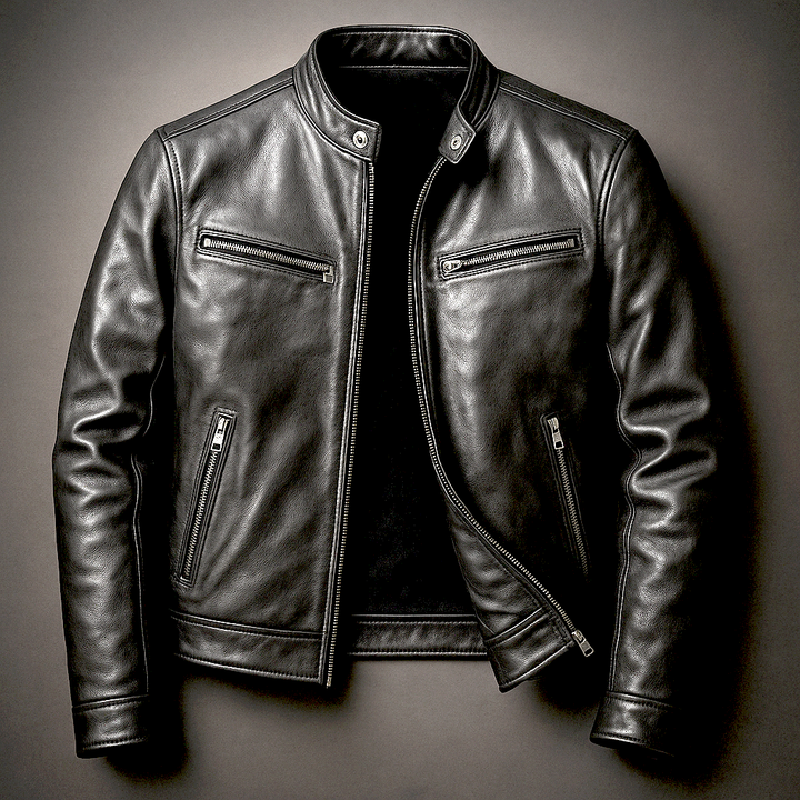 Men's Vegan Leather Vintage Jacket – Four Pockets Metal Zipper Lined