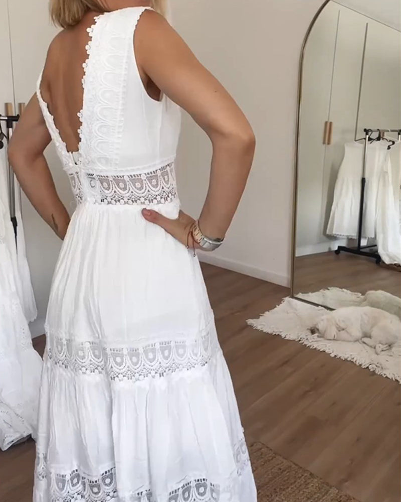 Women's Boho Sleeveless V-Neck Midi Dress – Flowing Delicate Detail