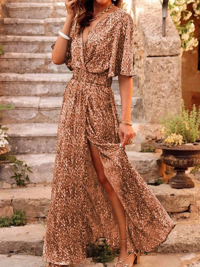 Printed Wrap Maxi Dress – Flutter Sleeve & Split Hem