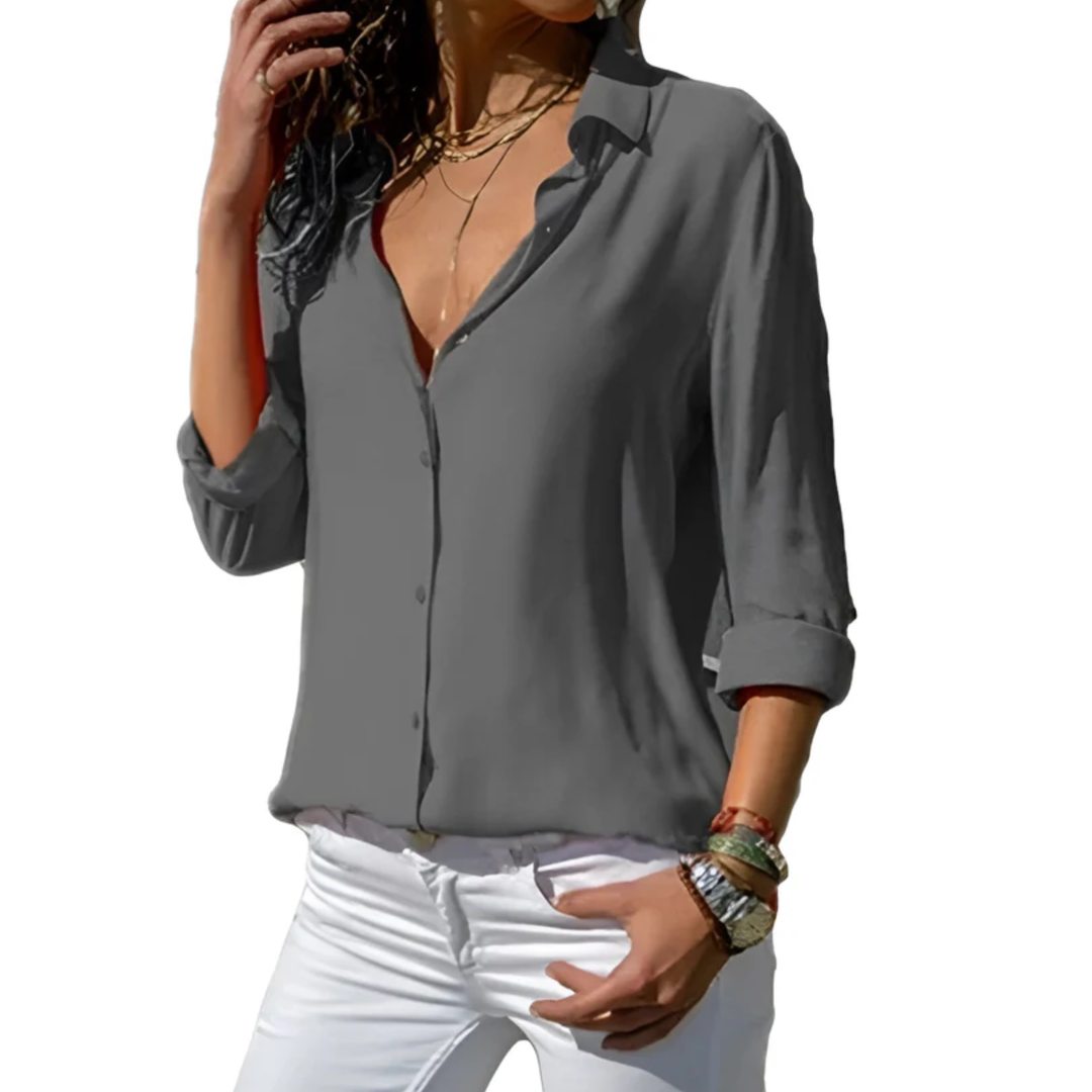 Women's Button-Front Blouse – Fluid V-Neck Long Sleeve