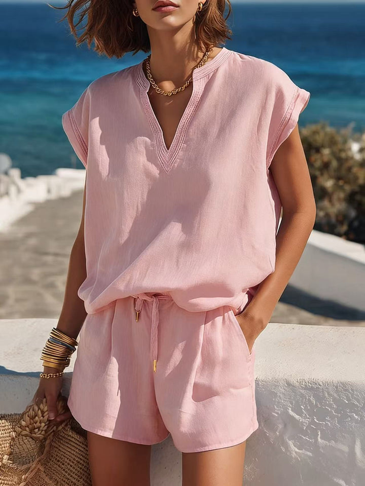 Women's Cap Sleeve V-Neck Two Piece Set – Drawstring Shorts