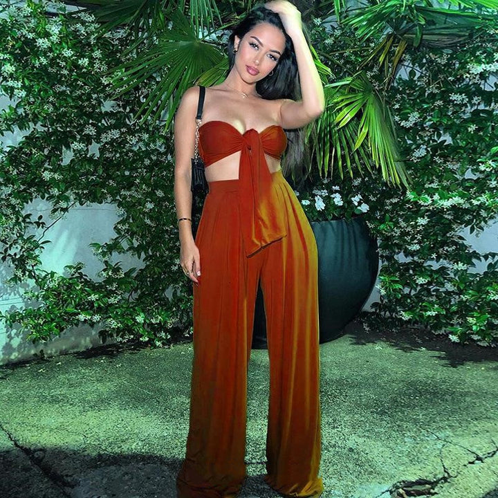 Two Piece Set Women – Strapless Pure Color Top & Pants Suit