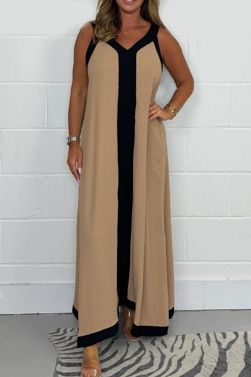 Women's Colorblock Maxi Dress – V-Neck, Contrast Stripe & Slit