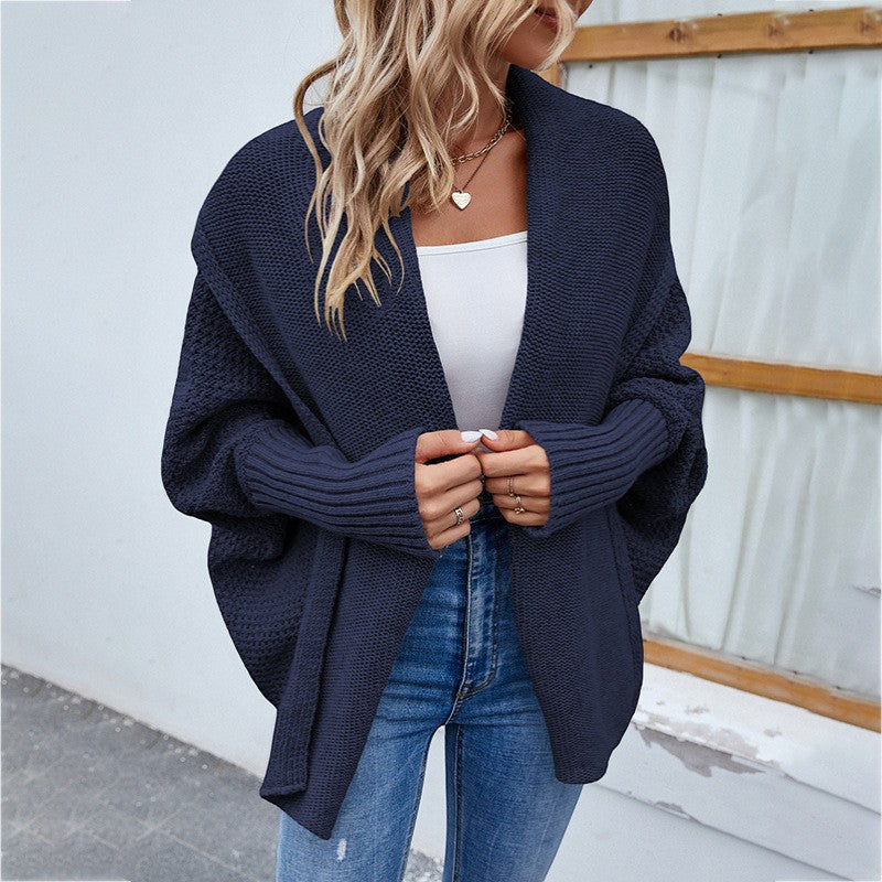 Women's Open-Front Knit Cardigan – Oversized Batwing Shawl Collar