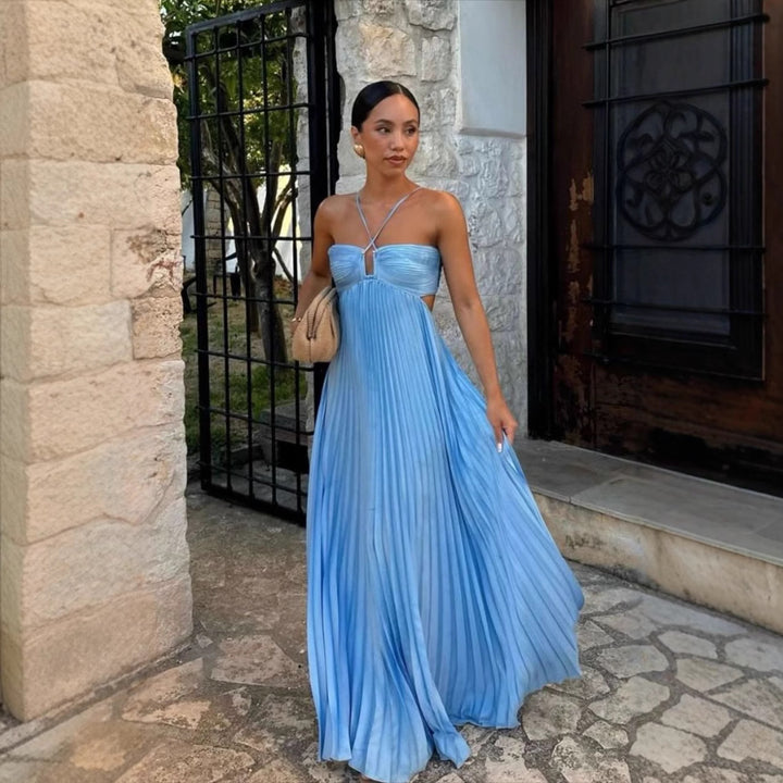 Women's Halter Backless Pleated Maxi Dress – Open Back
