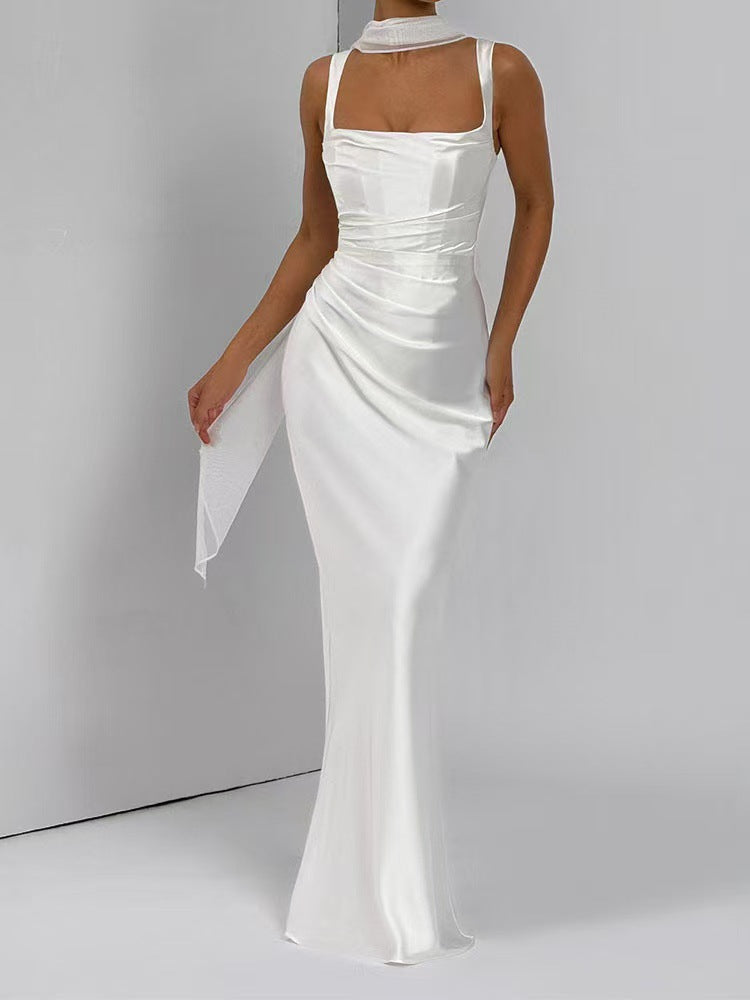 Satin Maxi Dress – Draped Waist Elegant Fit for Women