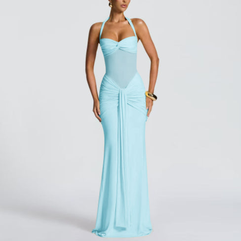 Ruched Halterneck Evening Gown – Twist Front Maxi Dress