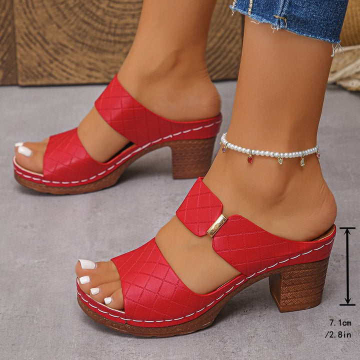 Women's Chunky Heel Sandals Plaid Texture – Round Toe Two-Strap Slide
