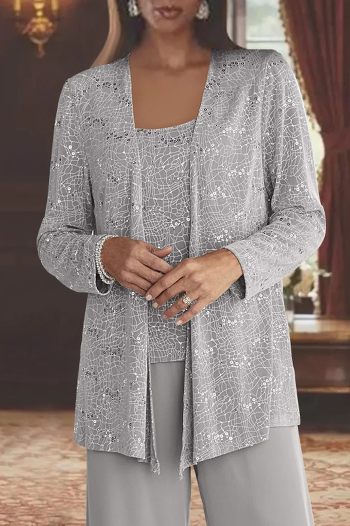 Sequin Lace Three-Piece Suit – Women's Wide Leg Trouser Set