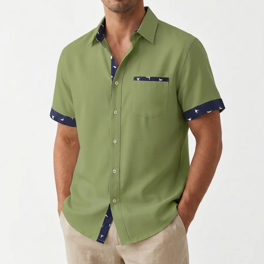 Men's Short Sleeve Button-Down Shirt – Relaxed Fit Bird Print Border