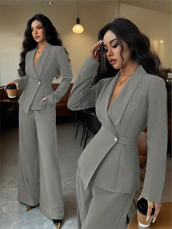 Women's V-Neck Long Sleeve Top & Wide Leg Trouser Set